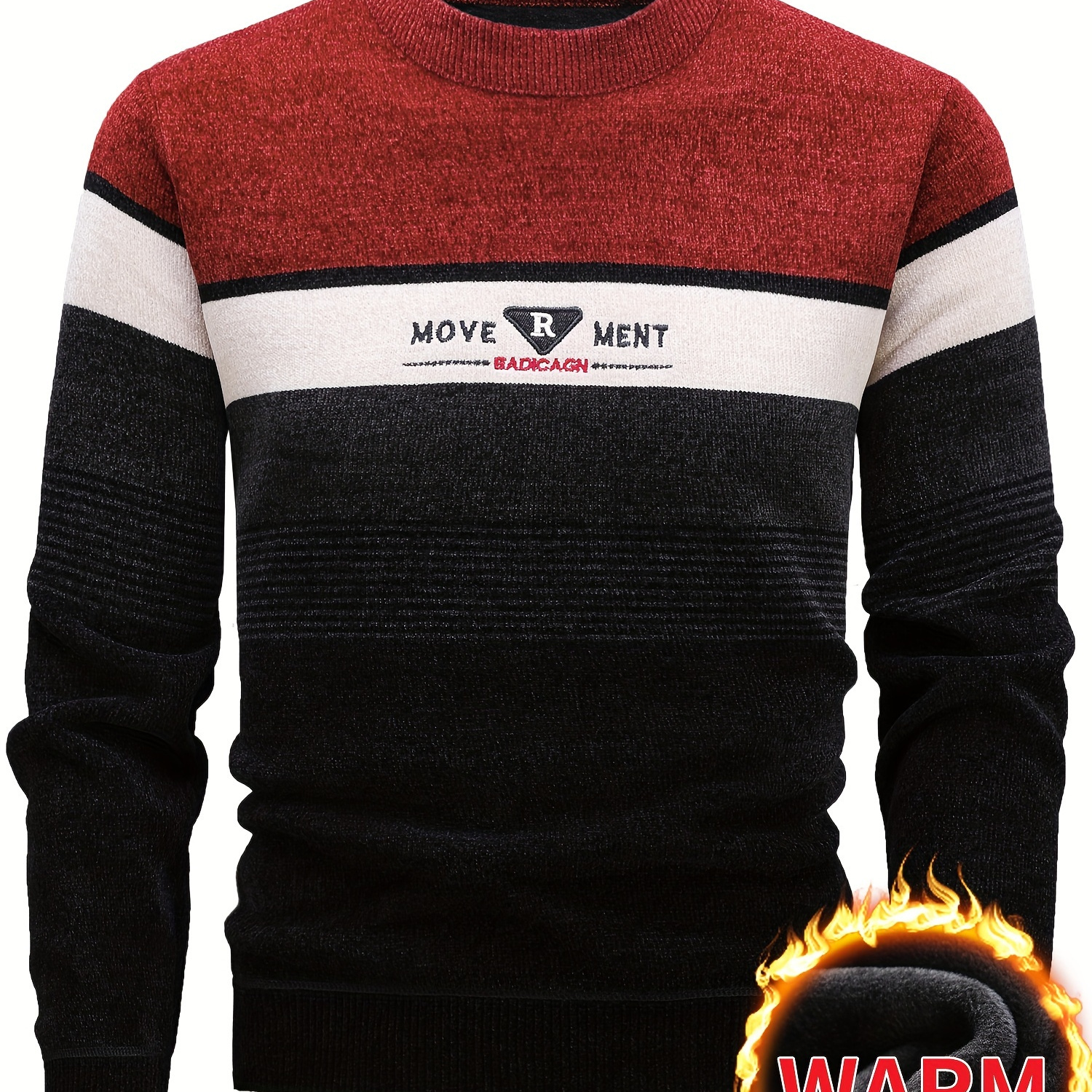 

Men's Color Block R Embroidery Fleece Knitted Pullover, Casual Long Sleeve Crew Neck Warm Sweater For