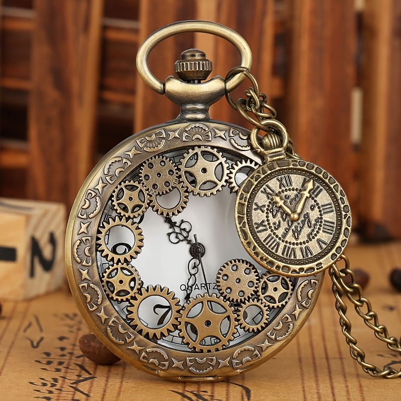 Retro Creative Gear Pocket Watch With Compass Quartz Necklace Watch