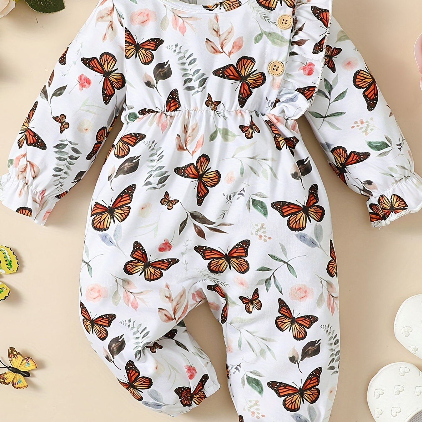 

Grenouillère Mignonne Pour Bébé - Barboteuse À Manches Longues Imprimée Papillon Douce Et Confortable Pour Fille