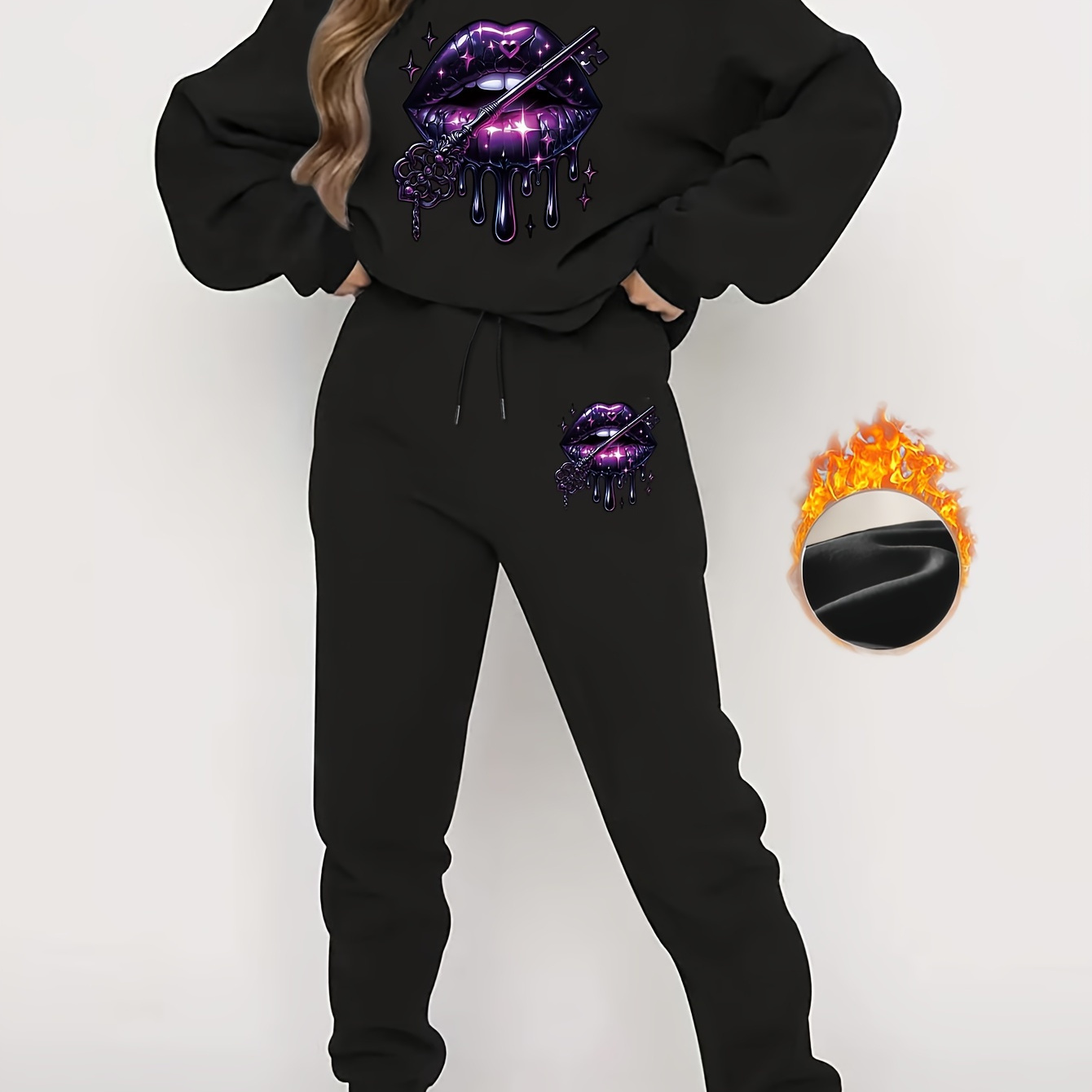 

Women's Casual Polyester Tracksuit With Crew Neck Sweatshirt And Drawstring Joggers Featuring Lip And Key Graphic Appliqué, Knit Fabric, Fall/winter