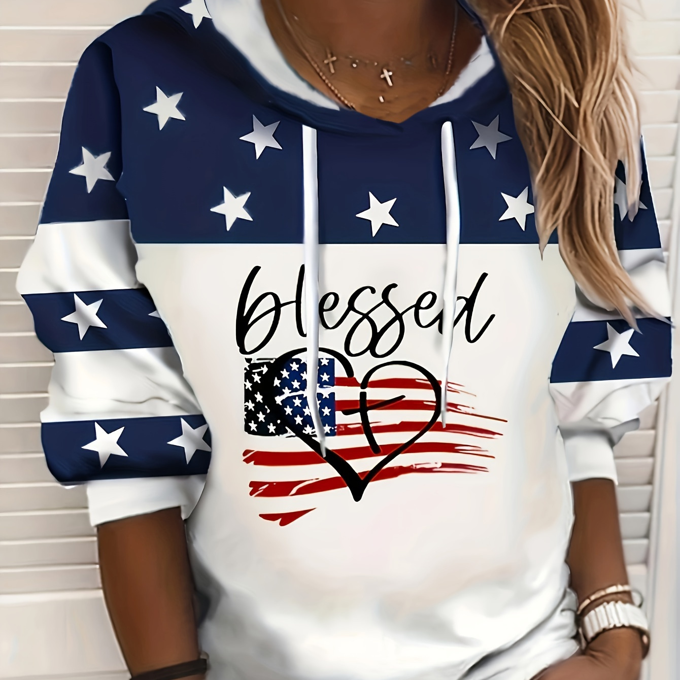 

American Flag & Blessed Print Hoodie, Casual Long Sleeve Drawstring Hoodies Sweatshirt, Women's Clothing