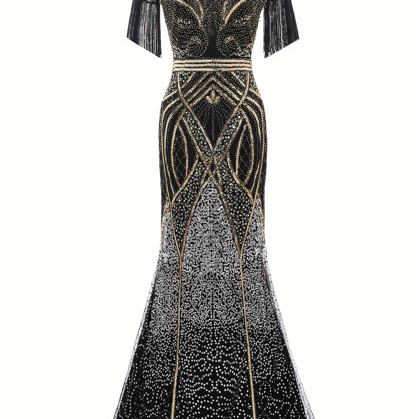 

Women's Flapper Dress 1920s V-neck Evening Gown Sequin Beaded Maxi Dress For Wedding Black Gold