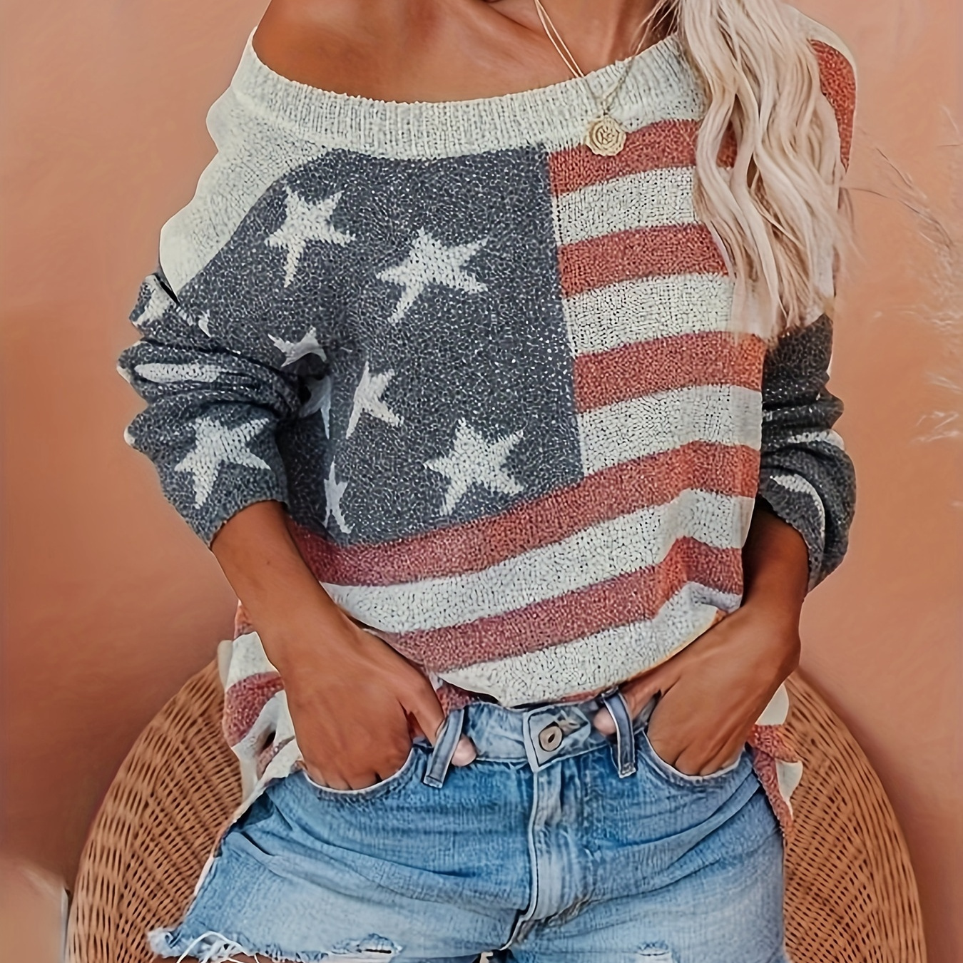 

American Flag Pattern Pullover Sweater, Casual Crew Neck Long Sleeve Sweater, Women's Clothing
