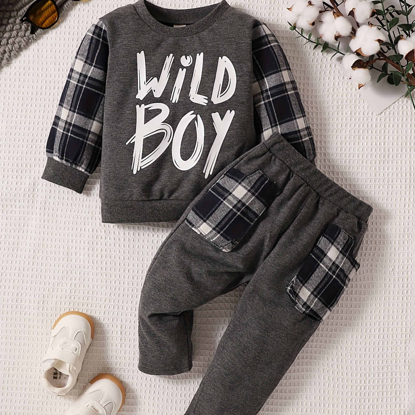 

Toddler Boy's 2pcs, Sweatshirt & Sweatpants Set, Wild Boy Print Long Sleeve Top, Plaid Pattern Casual Outfits, Kids Clothes For Spring Fall