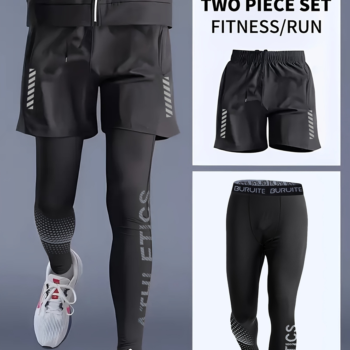 

Buruite Men's 2-piece Athletic Set - High Stretch Polyester Crew Neck Sports Tank & Tights For Running, Training, Casual - Sleeveless Workout Outfit With Belt, Wear