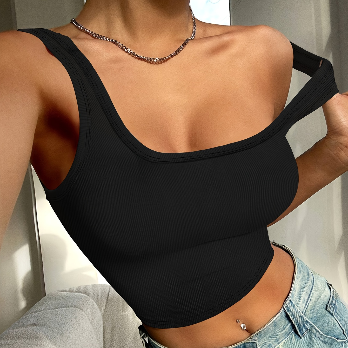 

Solid Color Scoop Neck Tank Top, Sexy Sleeveless Crop Top For Spring & Summer, Women's Clothing