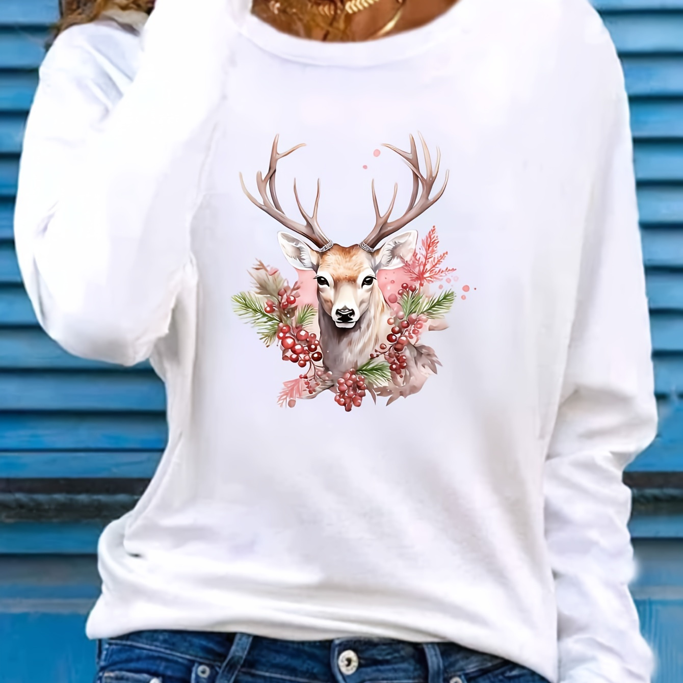 

Women's Casual Long Sleeve T-shirt With Deer Applique, Crew Neck, Knit Polyester Top, Animal Pattern, Wear, 180gsm - Spring & Fall Fashion