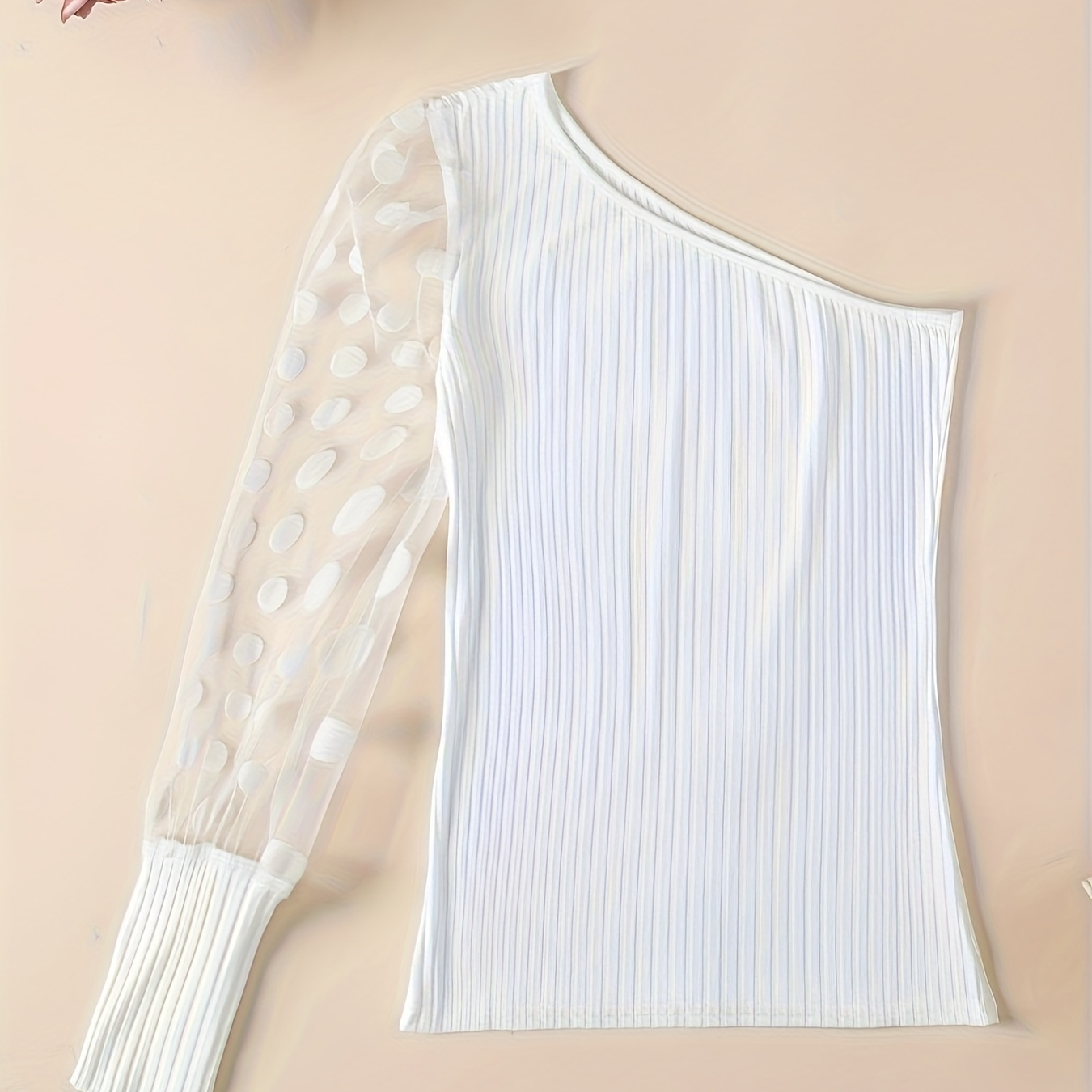 

One-shoulder Skew Neck Top, Elegant Polka-dot Illusion Long Sleeve Top, Women's Clothing