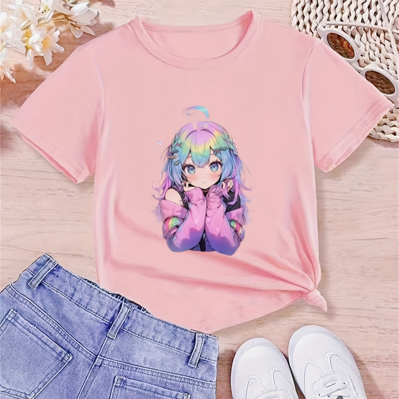 

Girls Casual T-shirt, Cute Colorful Anime Girl Print, Round Neck, Fashionable Comfort Fit For Spring/summer, Perfect Gift For Girls Clothing