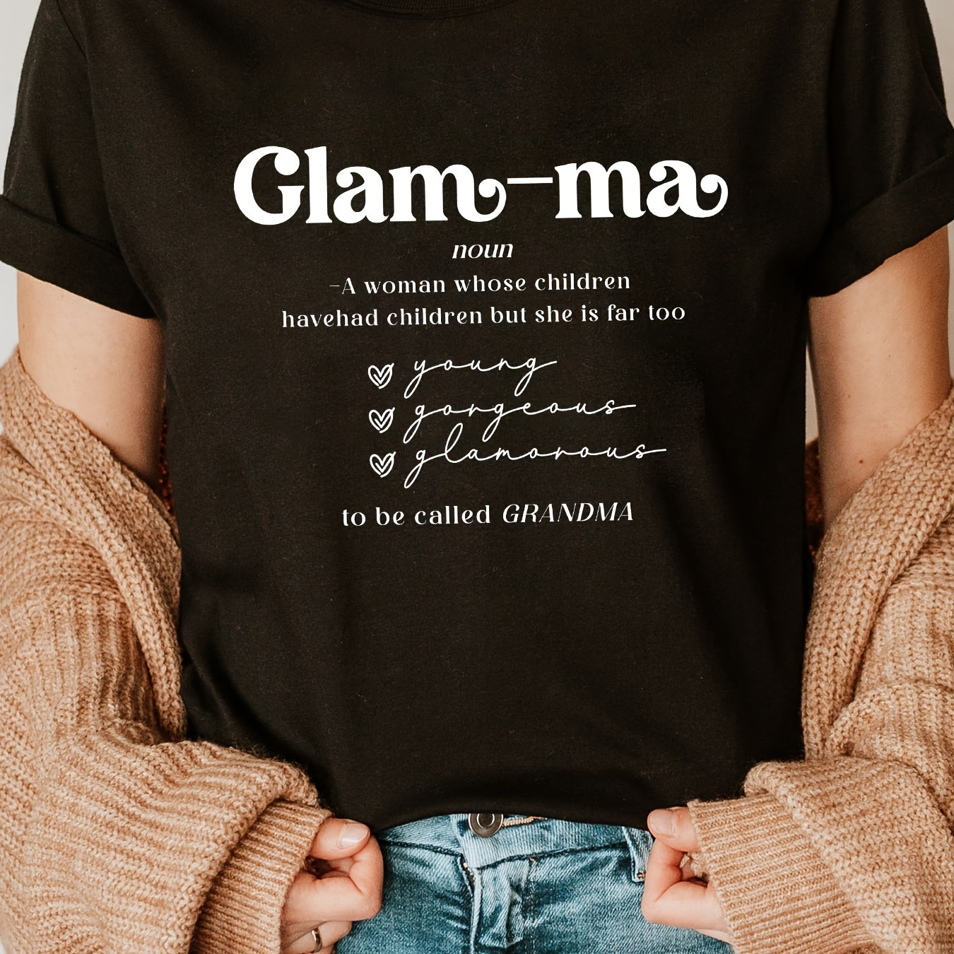 

Glam Ma Print Crew Neck T-shirt, Short Sleeve Casual Top For Summer & Spring, Women's Clothing