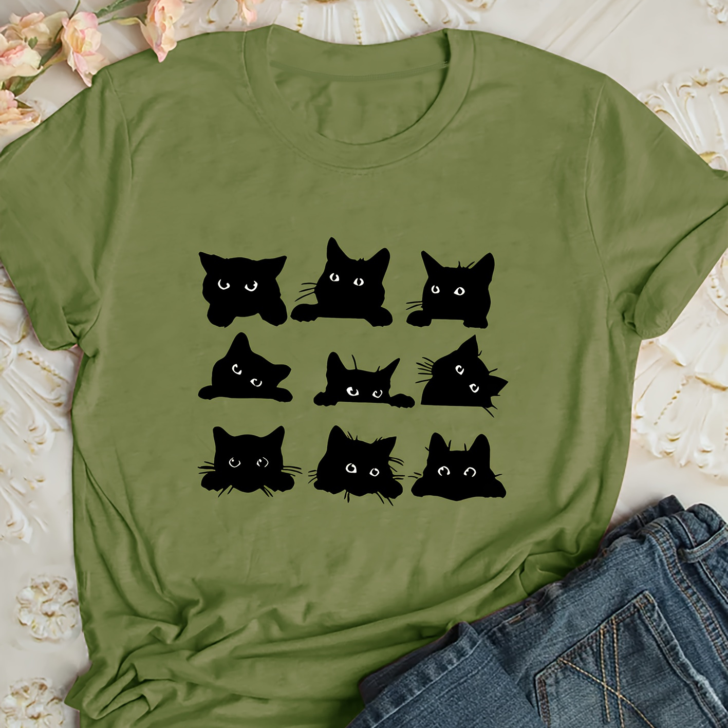 

Women's Cute Cat Print Short Sleeve Round Neck T-shirt, Casual Vintage Style Top, Fashionable Summer Tee