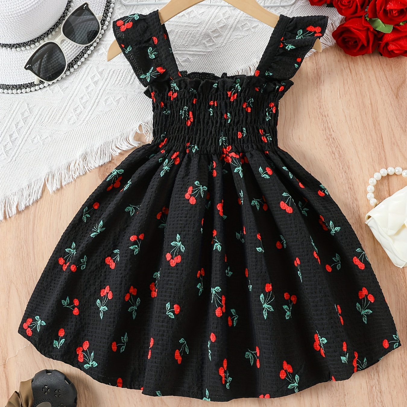 

Girls' Casual & Stylish Cherry Pattern Print Ruffle Trim Suspender Dress For Spring & Summer, Girls' Clothing