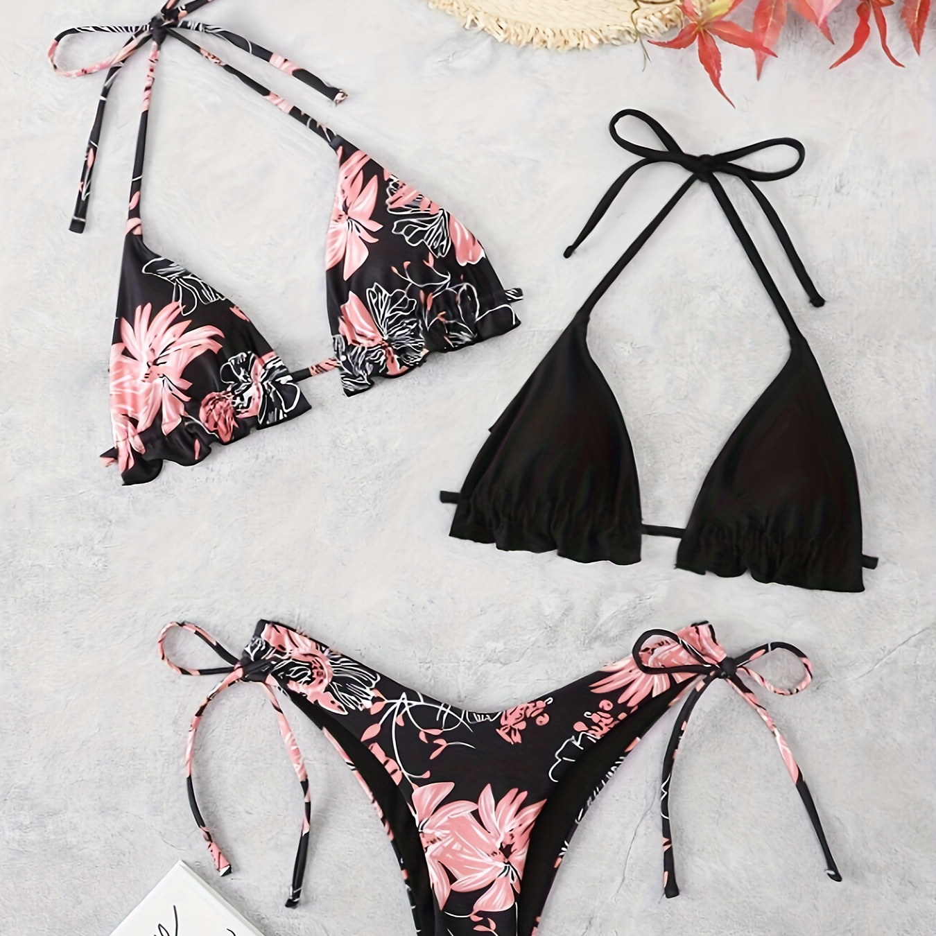 

Women's Floral Print Bikini Set, 3-piece Swimwear, Polyester, Ruffle Detail, Side Tie, Knit Fabric, No Sleeve, Fashion Beach Resort Swimwear