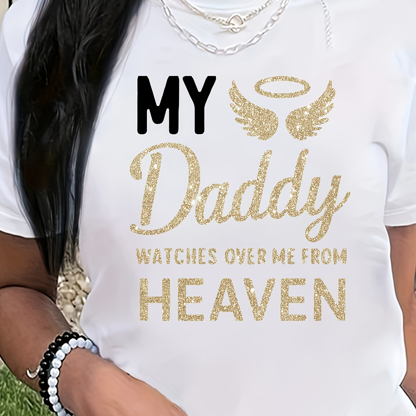 

Women's Casual Crew Neck T-shirt With "my Daddy Watches Over Me From Heaven" Print, Comfortable Loose Fit Short Sleeve Top, Knit Fabric Tee, Machine Washable, Polyester 95% Elastane 5% - Red