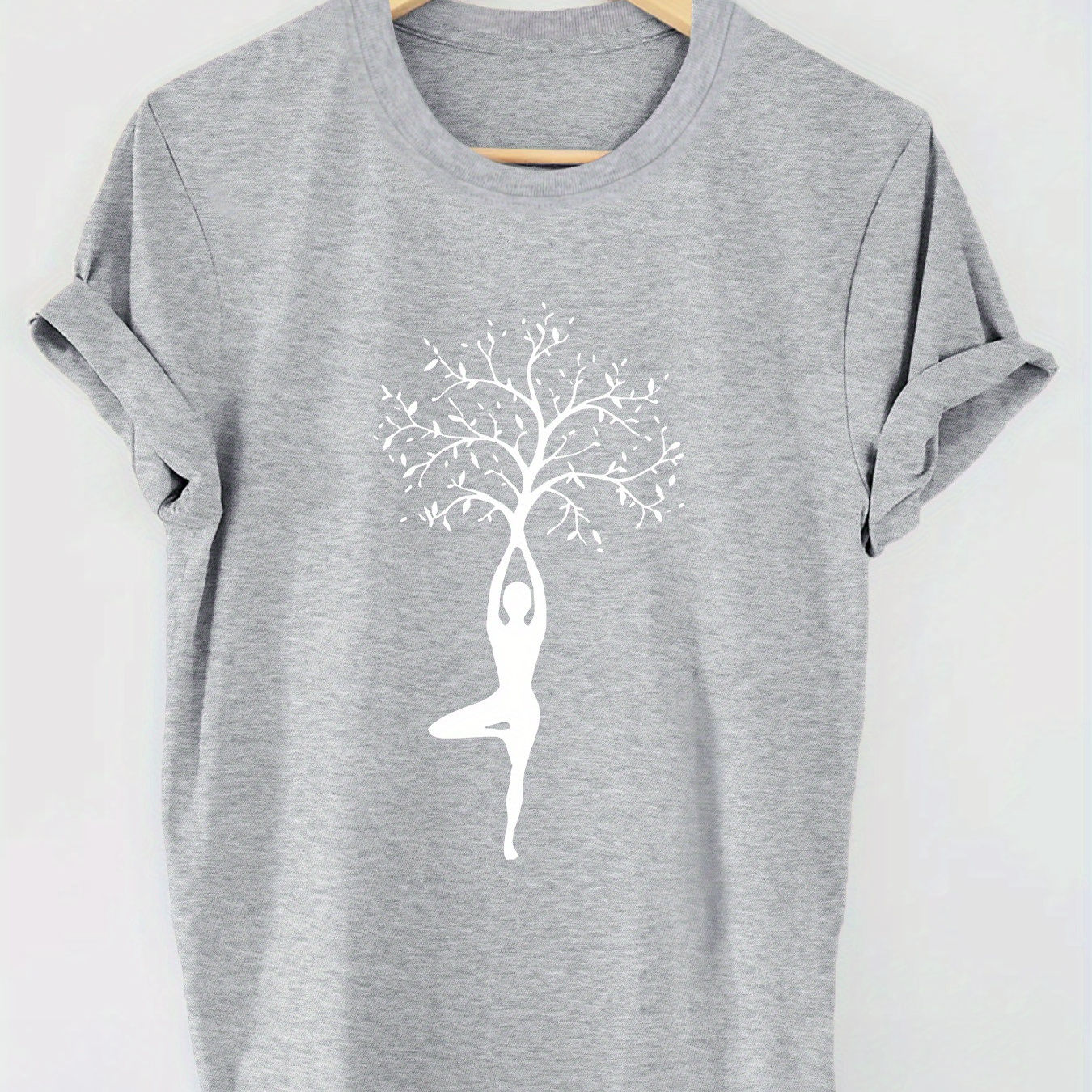 

Yoga Tree Print T-shirt, Short Sleeve Crew Neck Casual Top For Summer & Spring, Women's Clothing