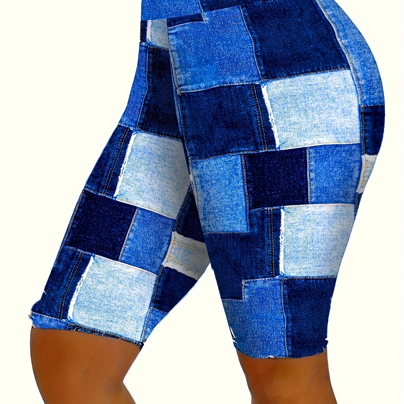 

Color Block Plaid Pattern High Waist Shorts, Casual Skinny Fit Shorts For Spring & Summer, Women's Clothing