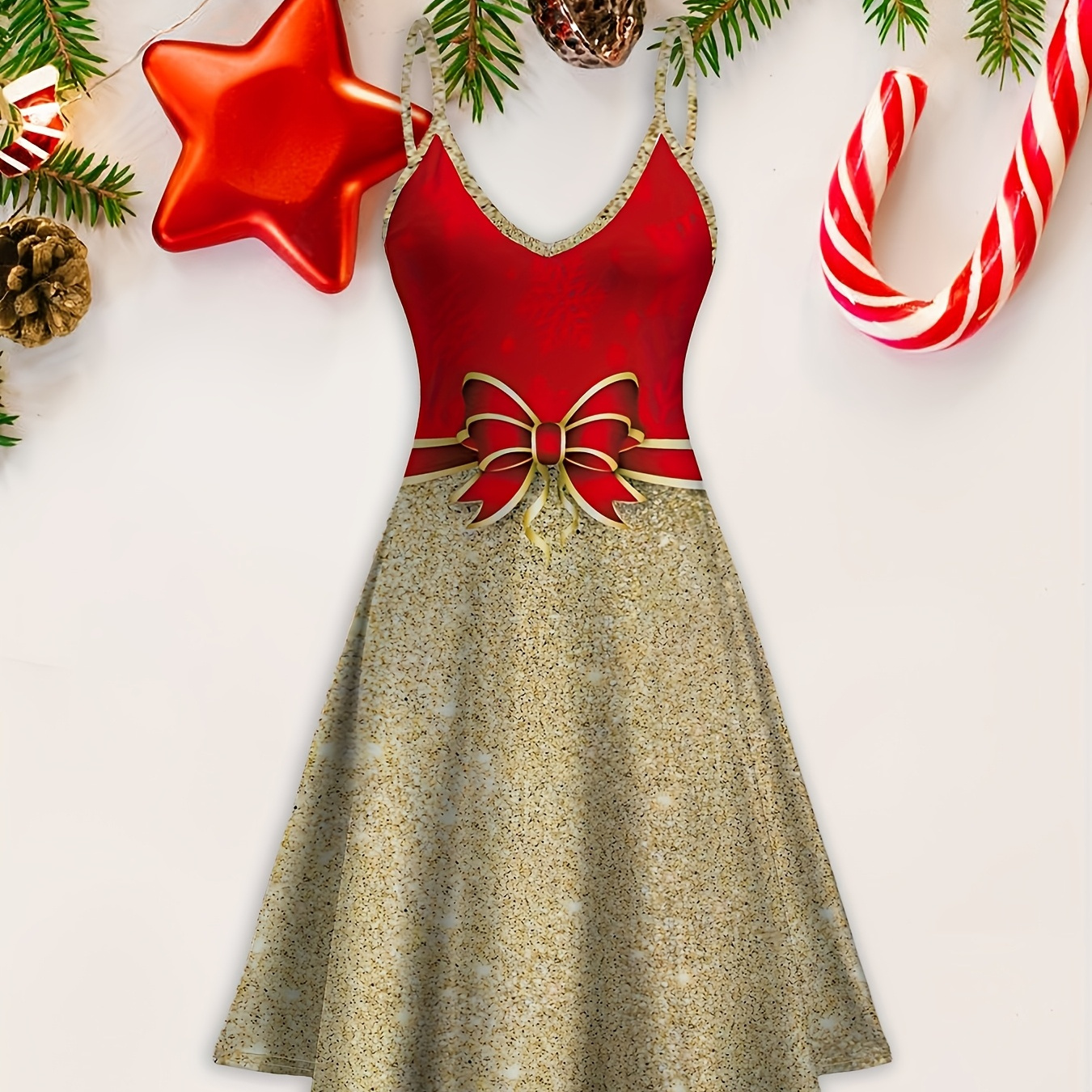 

Christmas Bow 3d Printed V-neck High Waist Skinny Suspender Dress Color Sleeveless A-line Slip Dress