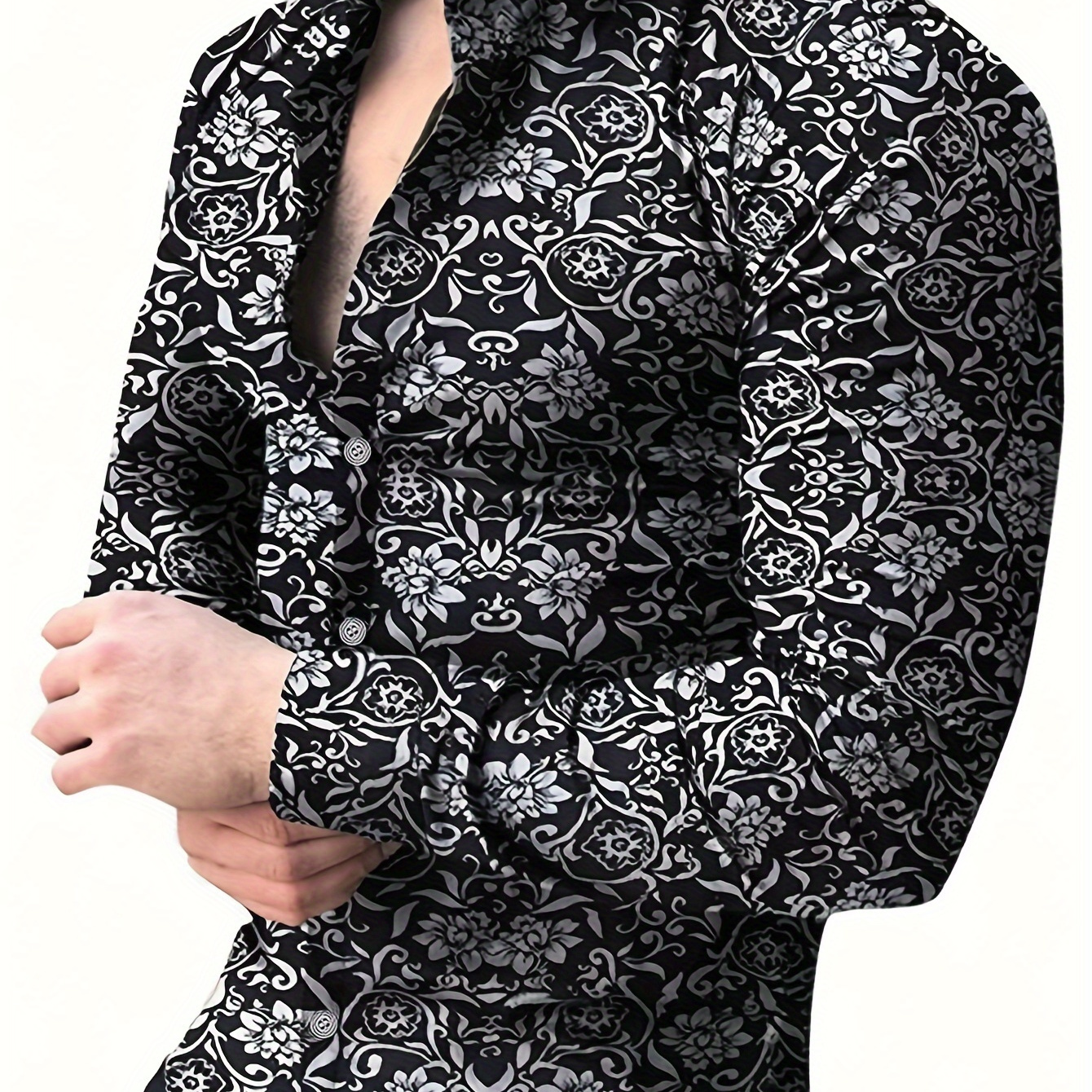 

Elegant Men's Paisley Floral Print Dress Shirt - Slim Fit, Long Sleeve, Button-up With Stand Collar, 100% Polyester, Machine Washable - Ideal For Spring/fall
