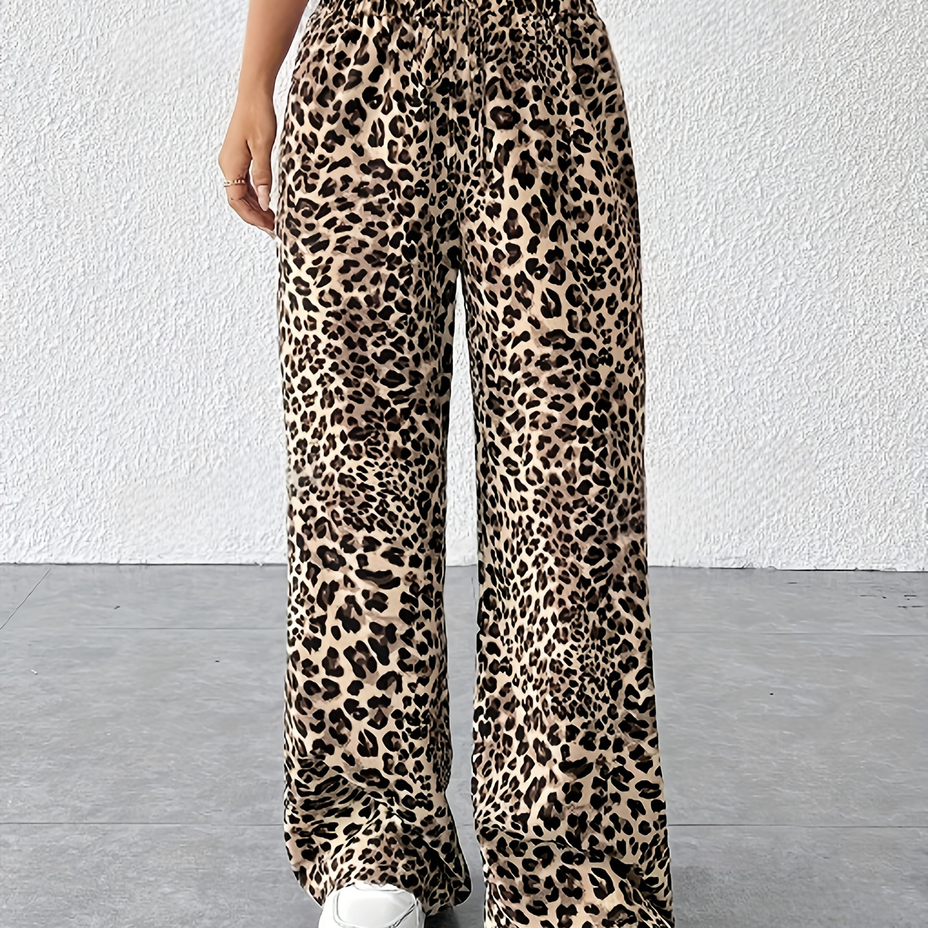 

Elegant Leopard Print High-waist Pants For Women - Straight Leg, Non-stretch Polyester , Machine Washable