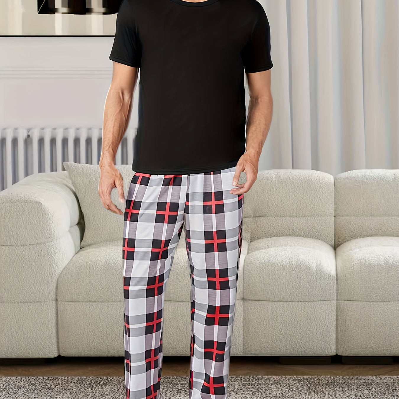 

1set Men's Short Sleeve Checkered Pajama Set, Polyester Knit Sleepwear With Round Neck And Regular Fit For All