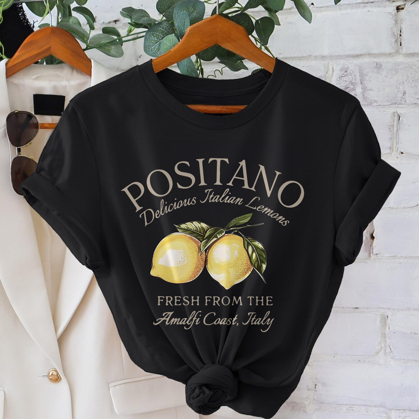 

Positano & Lemon Print T-shirt, Short Sleeve Crew Neck Casual Top For Summer & Spring, Women's Clothing