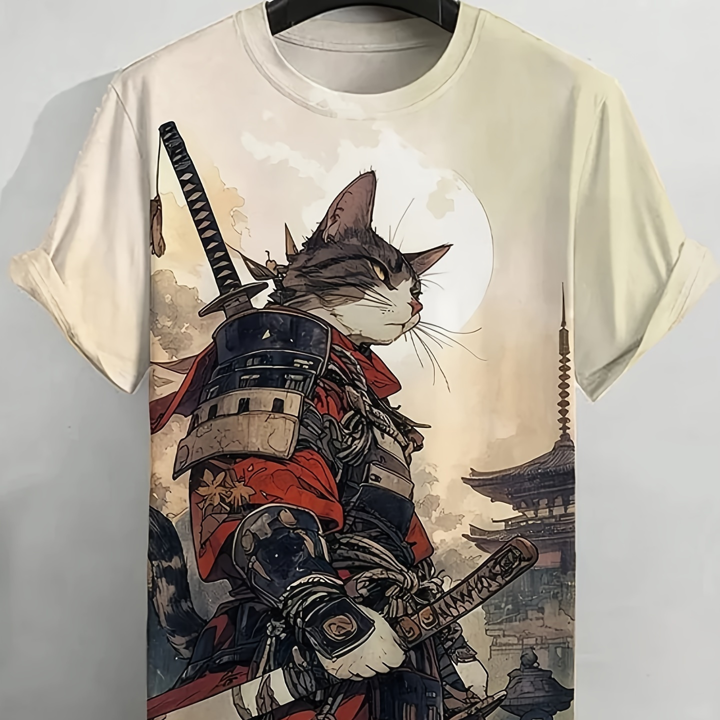 

Men's Casual Crew Neck T-shirt With Vintage Cat Print, 100% Polyester, Summer Short Sleeve Graphic Tee With Stretch For