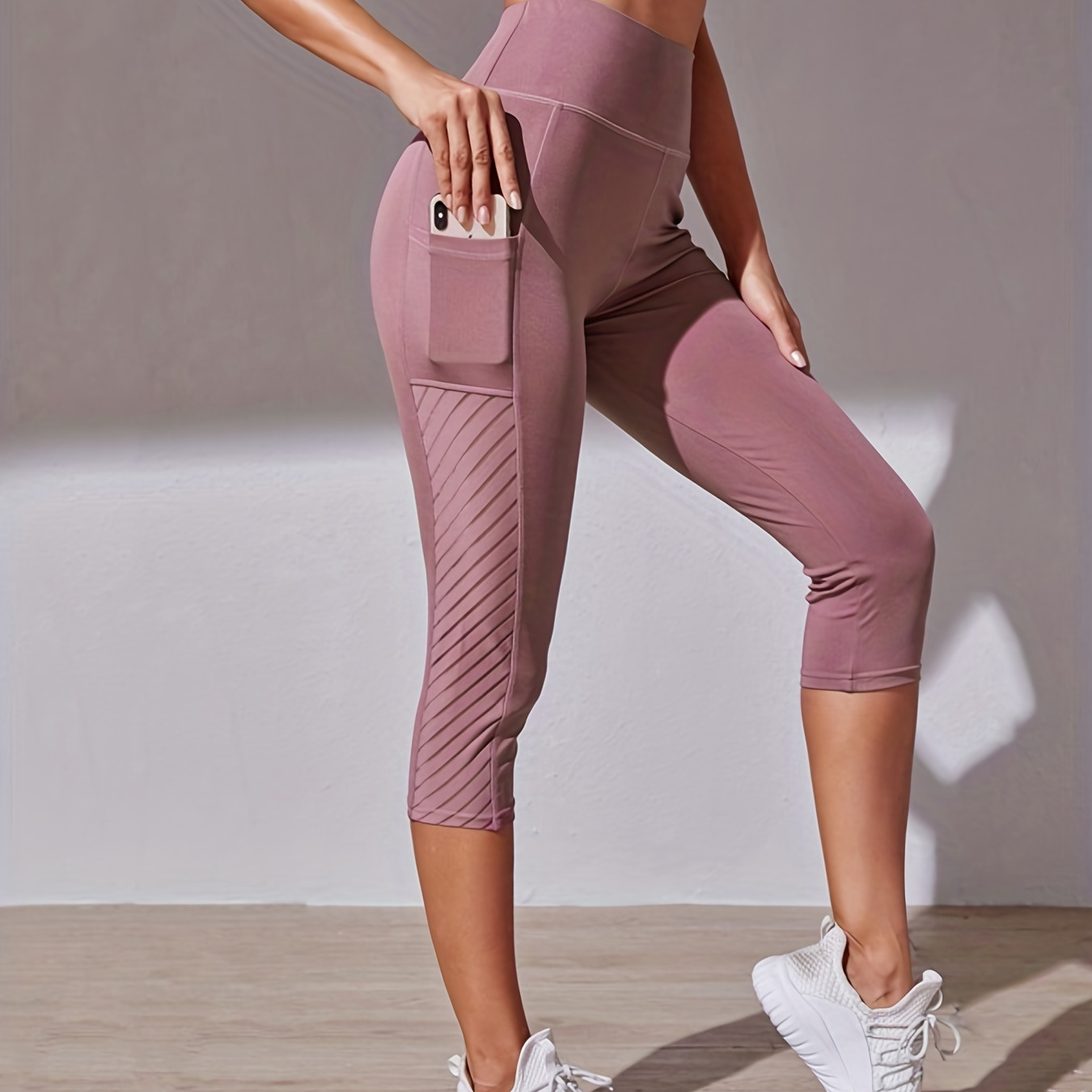 Solid Color Hip Lifting Yoga Sports Capri Leggings, High Waist Workout  Capri Pants, Women's Activewear