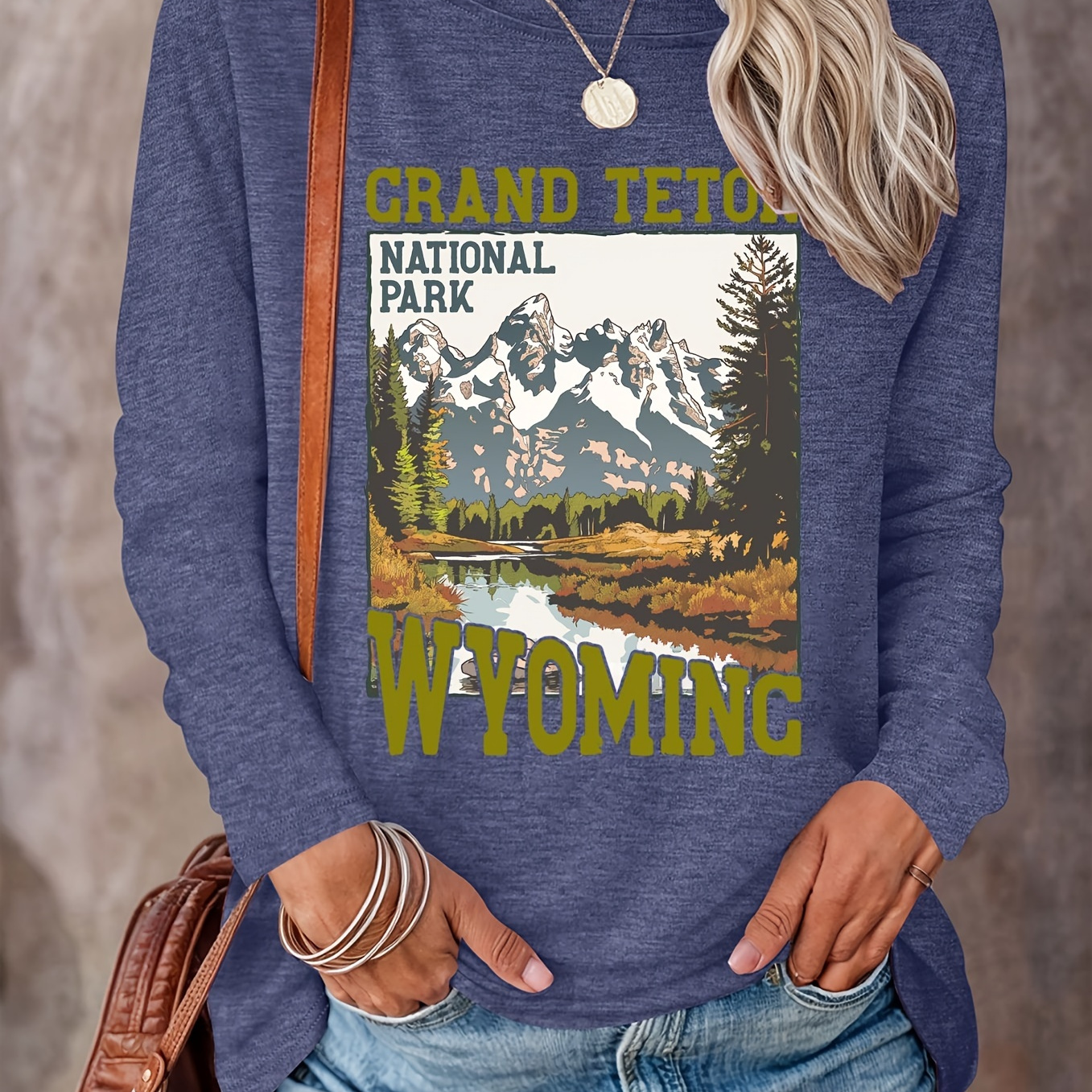 

National Park Alphabet Graphic Print Long Sleeve T-shirt - Casual Crew Neck Polyester Blend Top For Women, Spring/fall Knit Fabric Tee