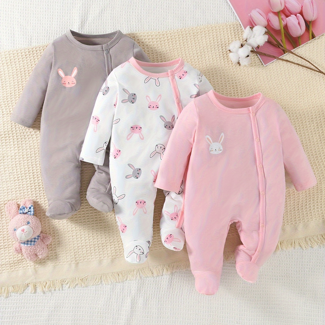

3pcs Baby's Cartoon Bunny Print Zip Up Footed Bodysuit, Casual Long Sleeve Romper, Toddler & Infant Girl's Onesie For Spring Fall, As Gift