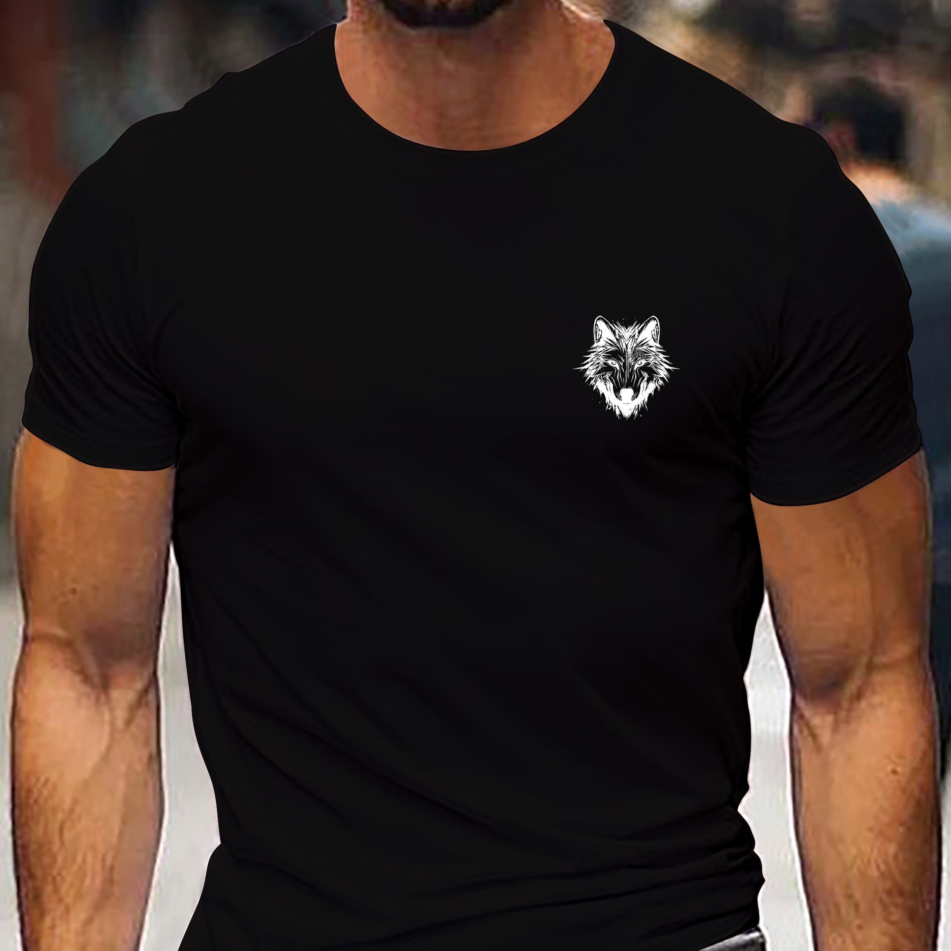 

Wolf Graphic Print Men's Creative Top, Casual Short Sleeve Crew Neck T-shirt, Men's Clothing For Summer Outdoor