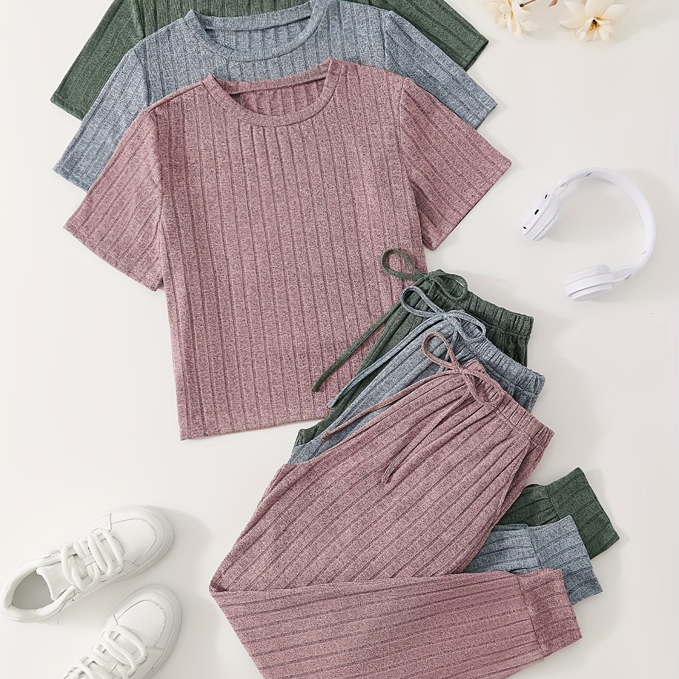 

3 Sets Women's Solid Ribbed Casual Lounge Set, Short Sleeve Round Neck Top & Drawstring Joggers, Comfortable Relaxed Fit