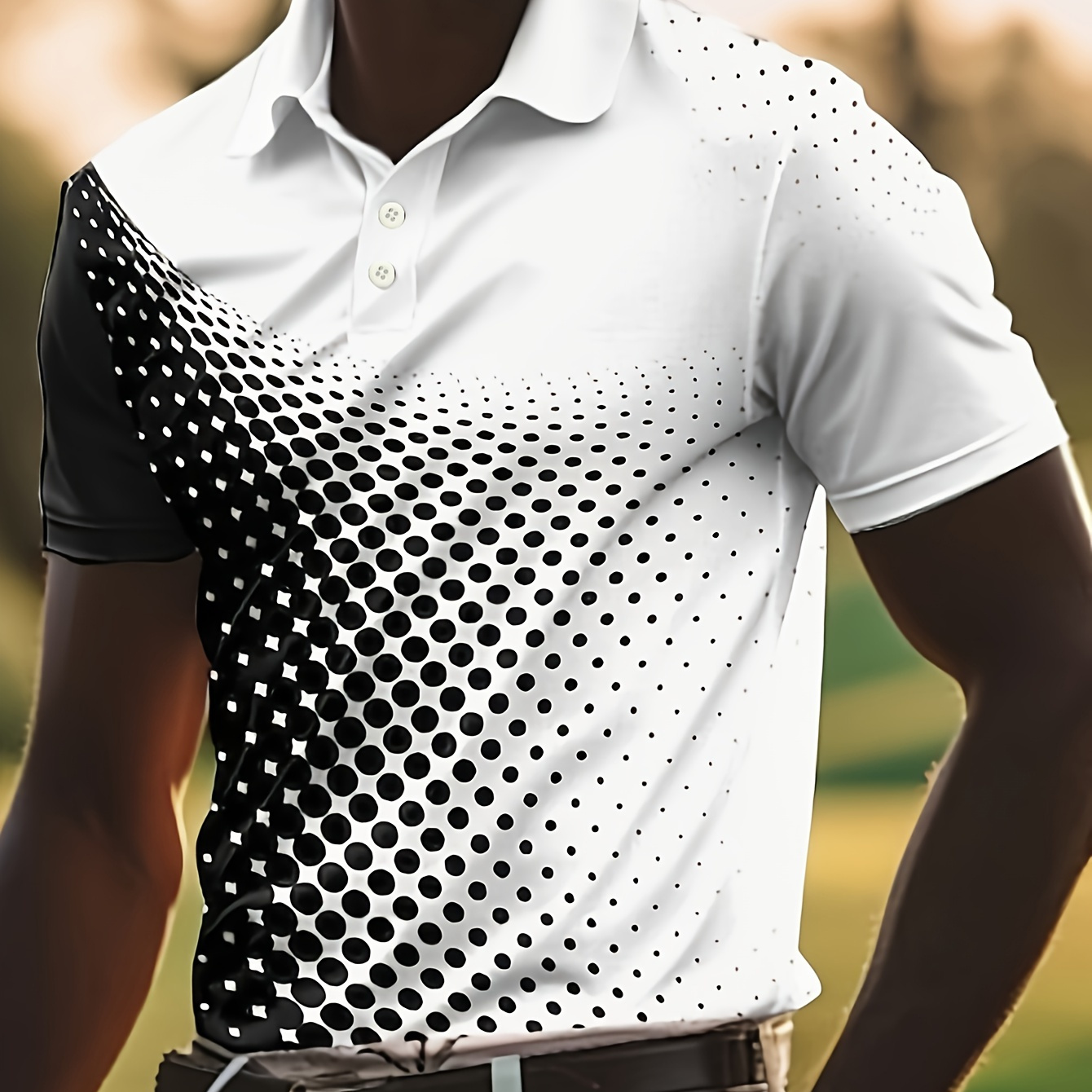 

Men's Color Matching Dots Print Golf Shirt, Casual Breathable Half Button Short Sleeve Shirt For Outdoor