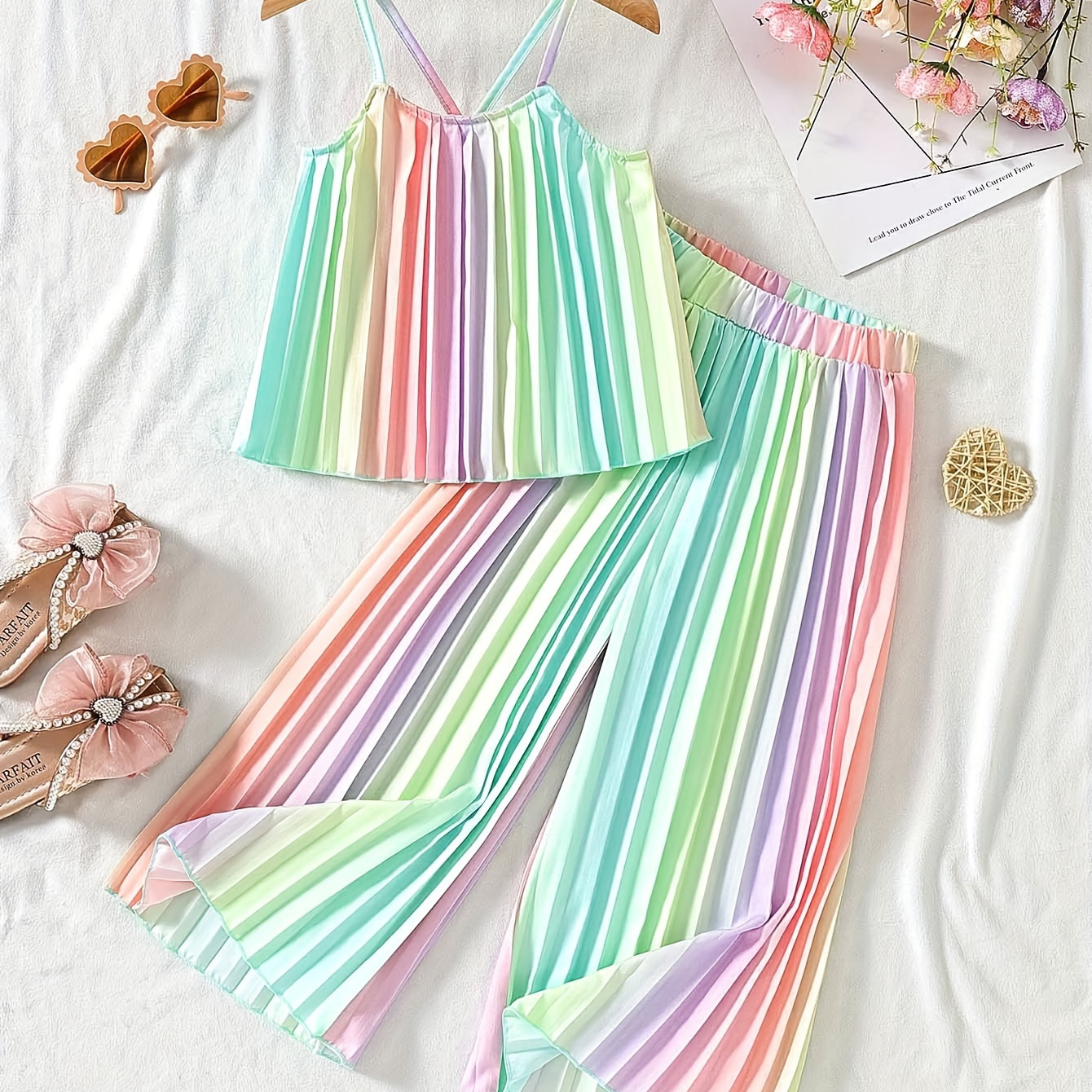 

Gradient Color Print Girls 2pcs Cami Top + Pleated Pants Set, Casual Holiday Summer Outfit
