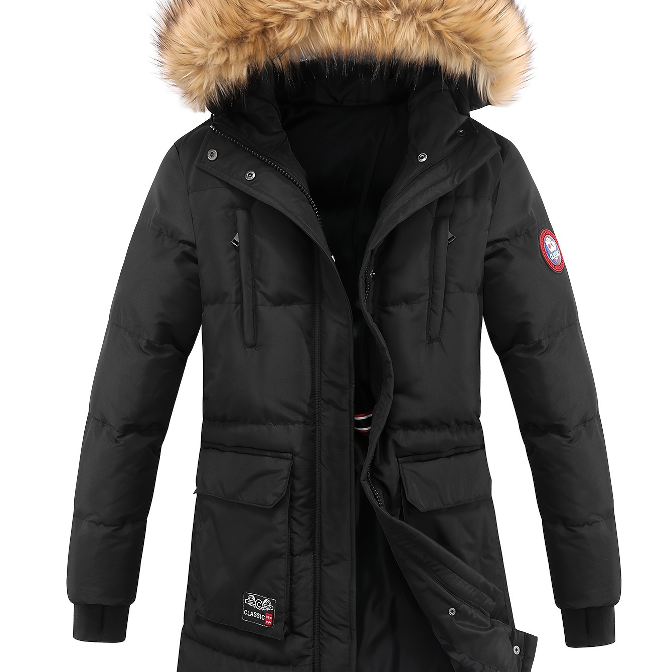 

Women's Winter Puffer Jacket, Faux Fur Collar Hooded Coat, Zip-up Snap Button Windproof Thermal Casual Jacket