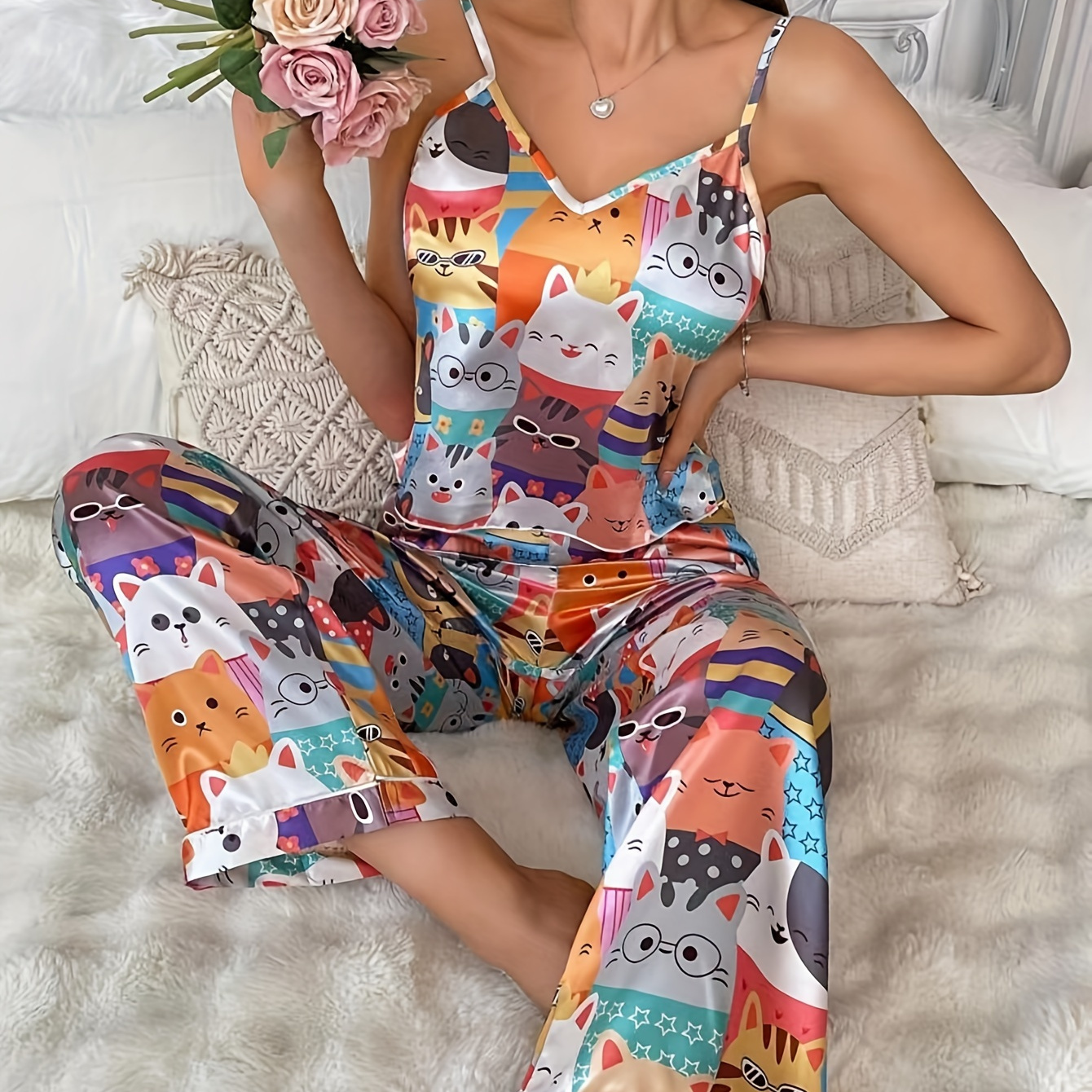 

Women's Allover Cartoon Print Satin Cute Pajama Set, V Neck Backless Cami Top & Pants, Comfortable Relaxed Fit, Summer Nightwear