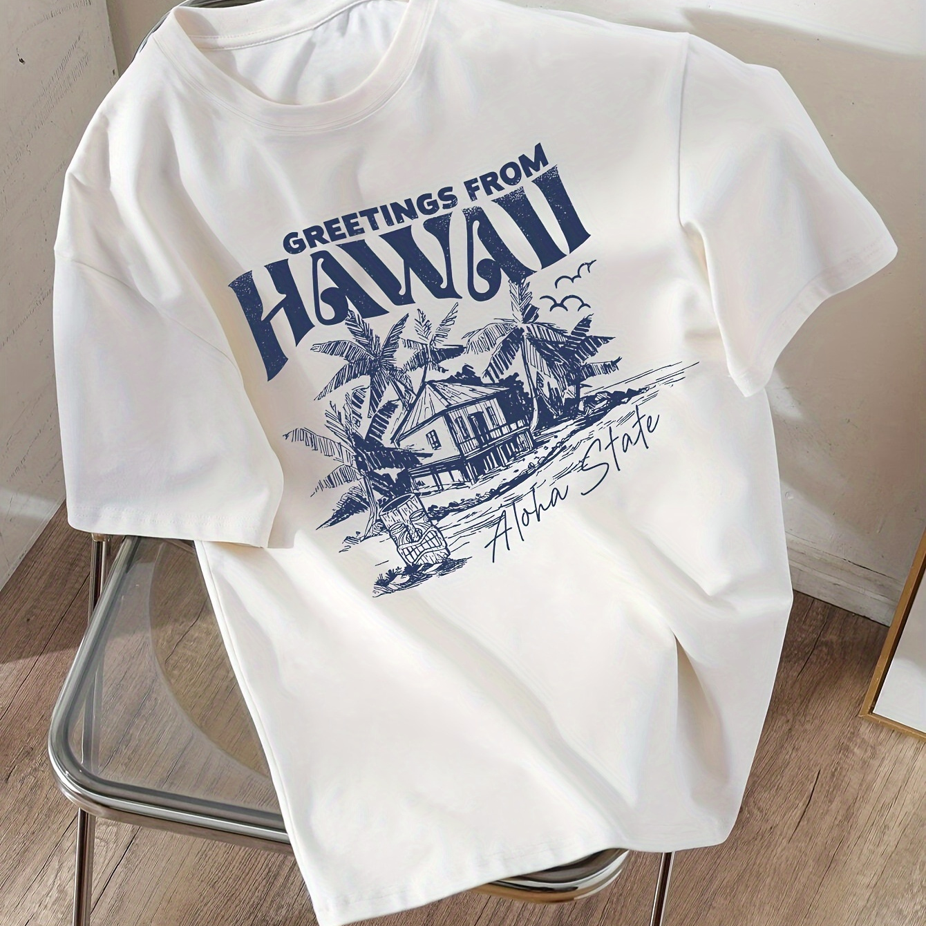 

Girls' Casual Greetings From Hawaii Letter Print Soft Comfortable T-shirt With Crew Neck