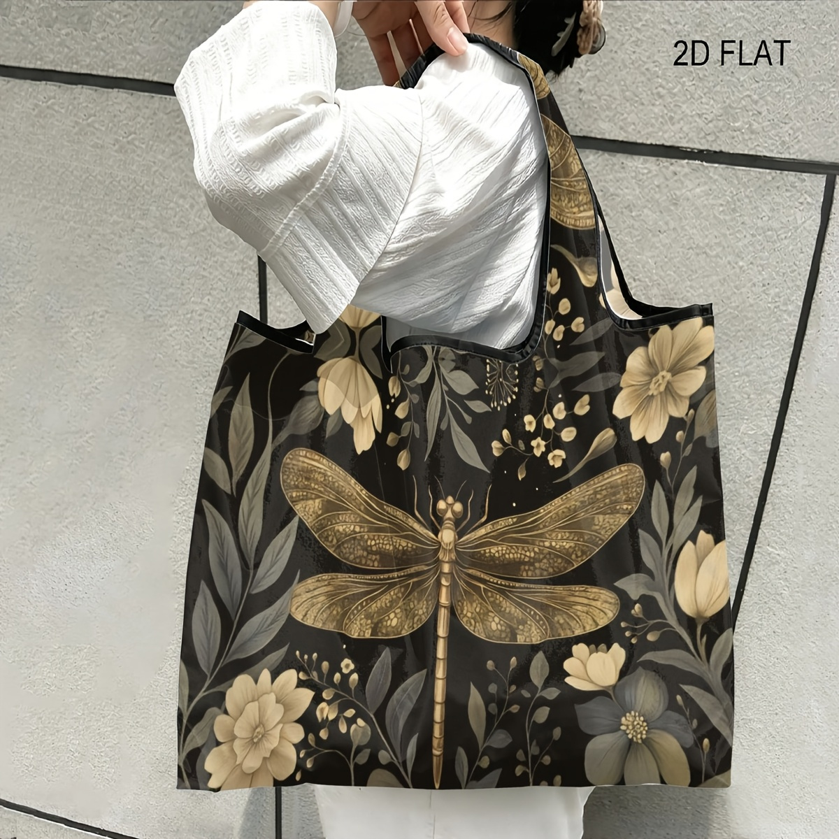 TEMU 1pc Dragonfly Dark Botanical Flower Illustration Theme, Portable Foldable Grocery Bag, Compact Lightweight Tote, Foldable Into For Everyday