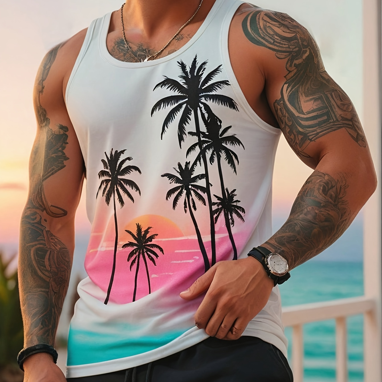 

T-shirt tendance palmier de plage pour homme - Tissu polyester casual avec col rond, intégrale, confort pour toutes les