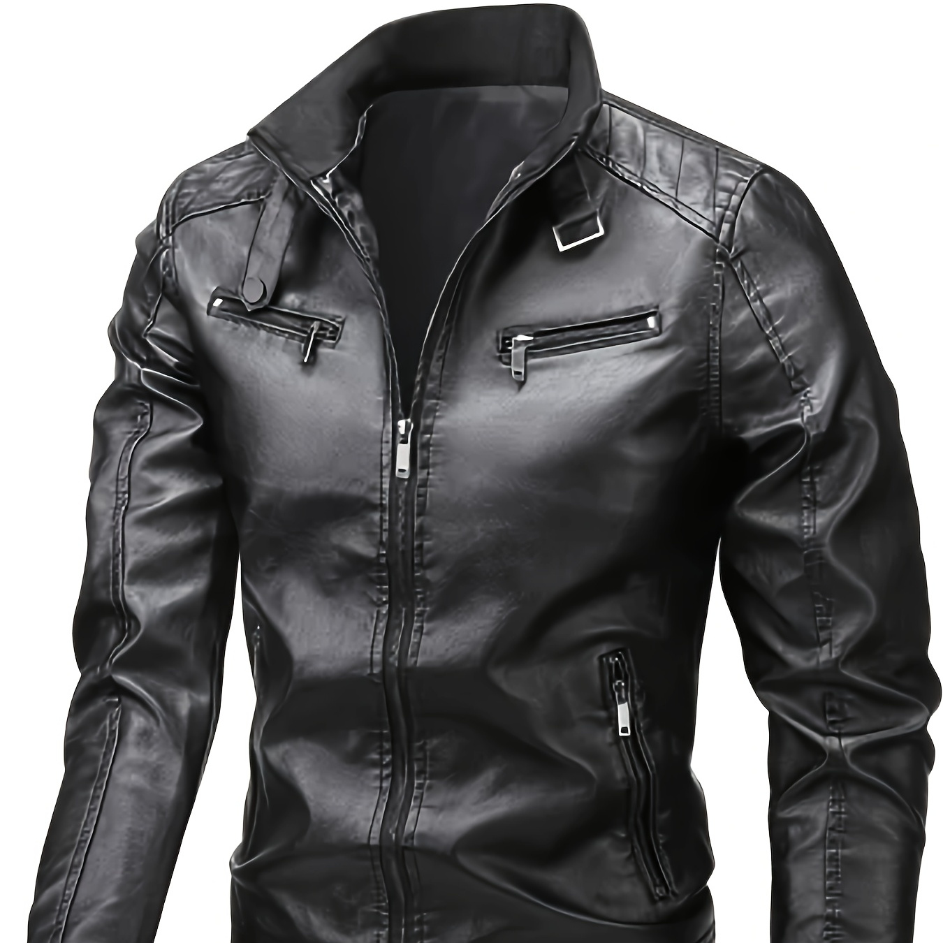 

Men's Casual Leather Jacket, Stand Collar, Solid Color, Non-stretch Woven Polyurethane, Regular Fit With Pockets, Zipper Closure, Polyester Lined For Spring/fall - Options