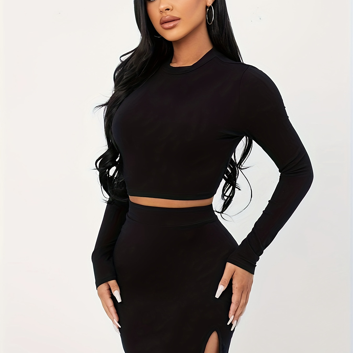 

Solid Color Elegant Skirt Set, Long Sleeve Crew Neck Crop T-shirt & High Waist Split Hem Bodycon Skirt Outfits, Women's Clothing