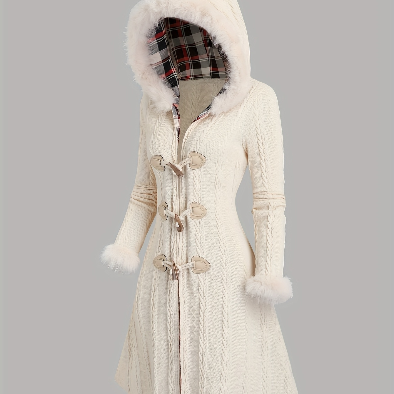 

European And American -size Women's Valentine's Day Y2k Twisted Knit Wool Patchwork Hooded Long Coat With Toggle Buttons