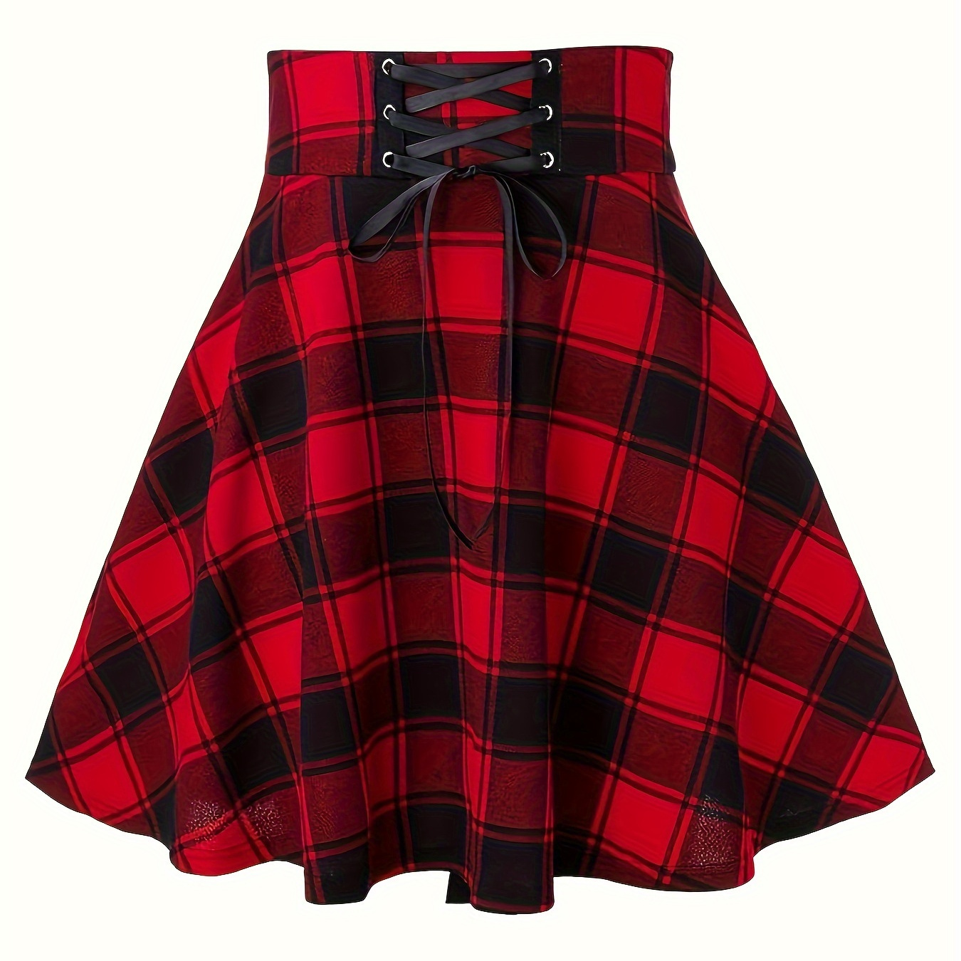 

Plaid Lace Up High Waist Skirt, Casual Flared Swing Mini Skirt, Women's Clothing