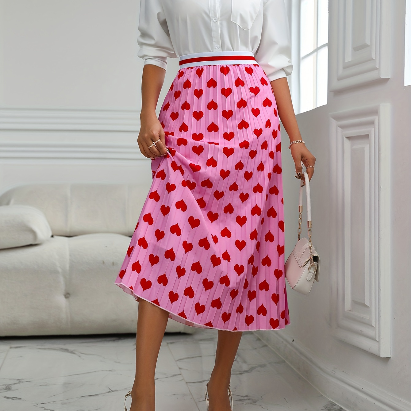 

Heart Print Pleated High Waist Skirt, Elegant Ankle Length Swing Skirt, Women's Clothing