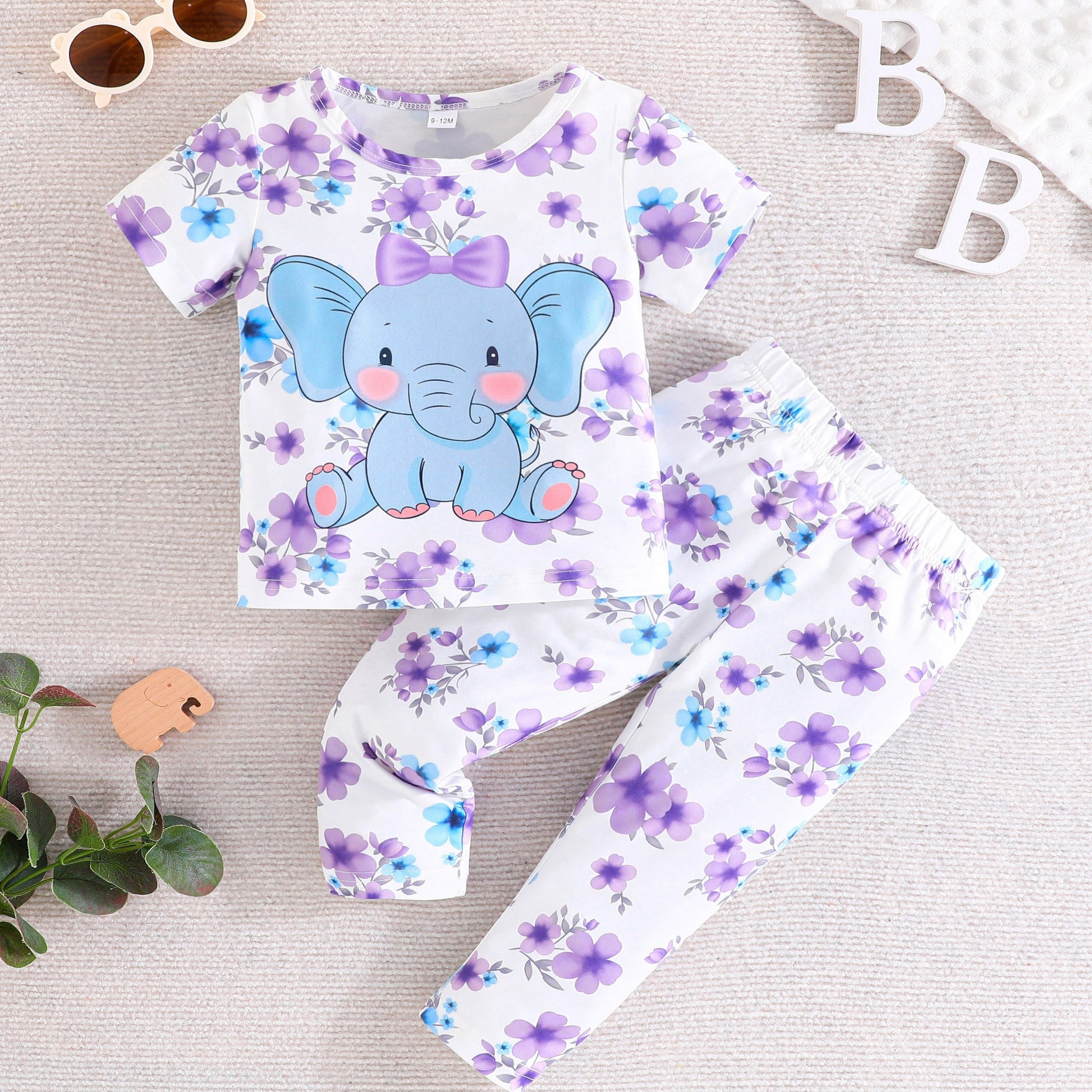 

2pcs Infant & Toddler's Cartoon Elephant Print Casual Set, Floral Pattern T-shirt & Pants, Baby Girl's Clothes