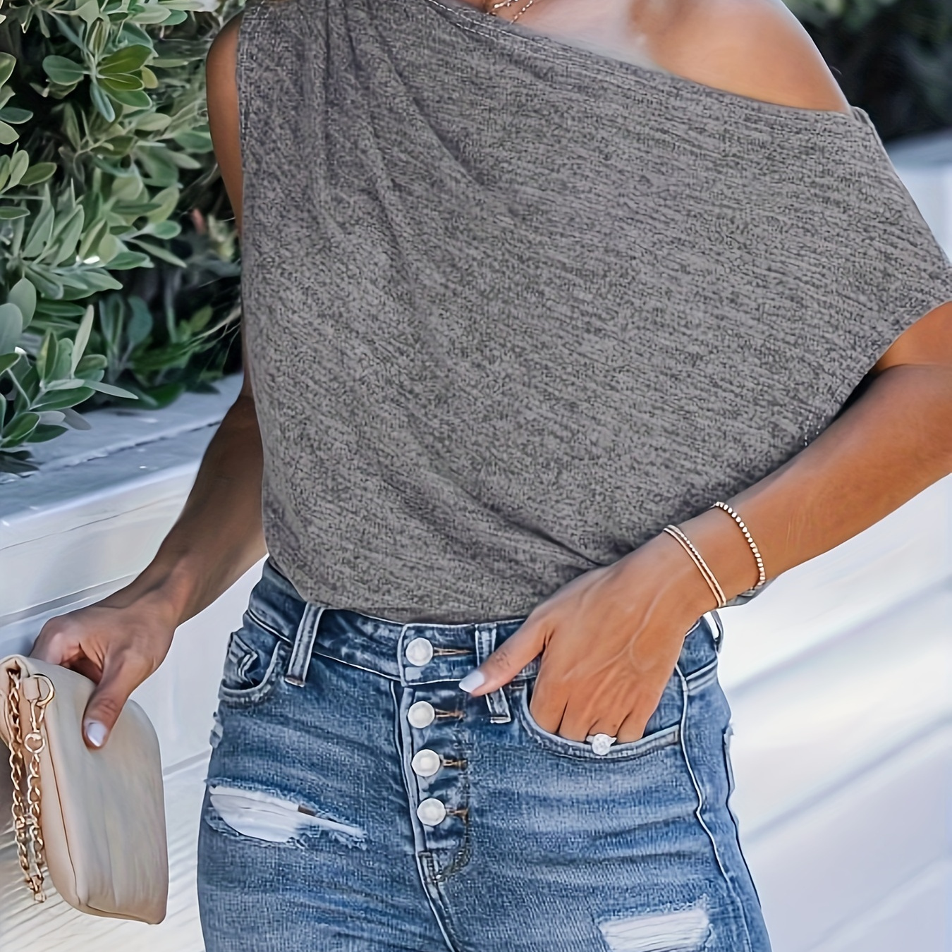 

1 Shoulder T-shirt, Casual Ruched Top For Spring & Summer, Women's Clothing