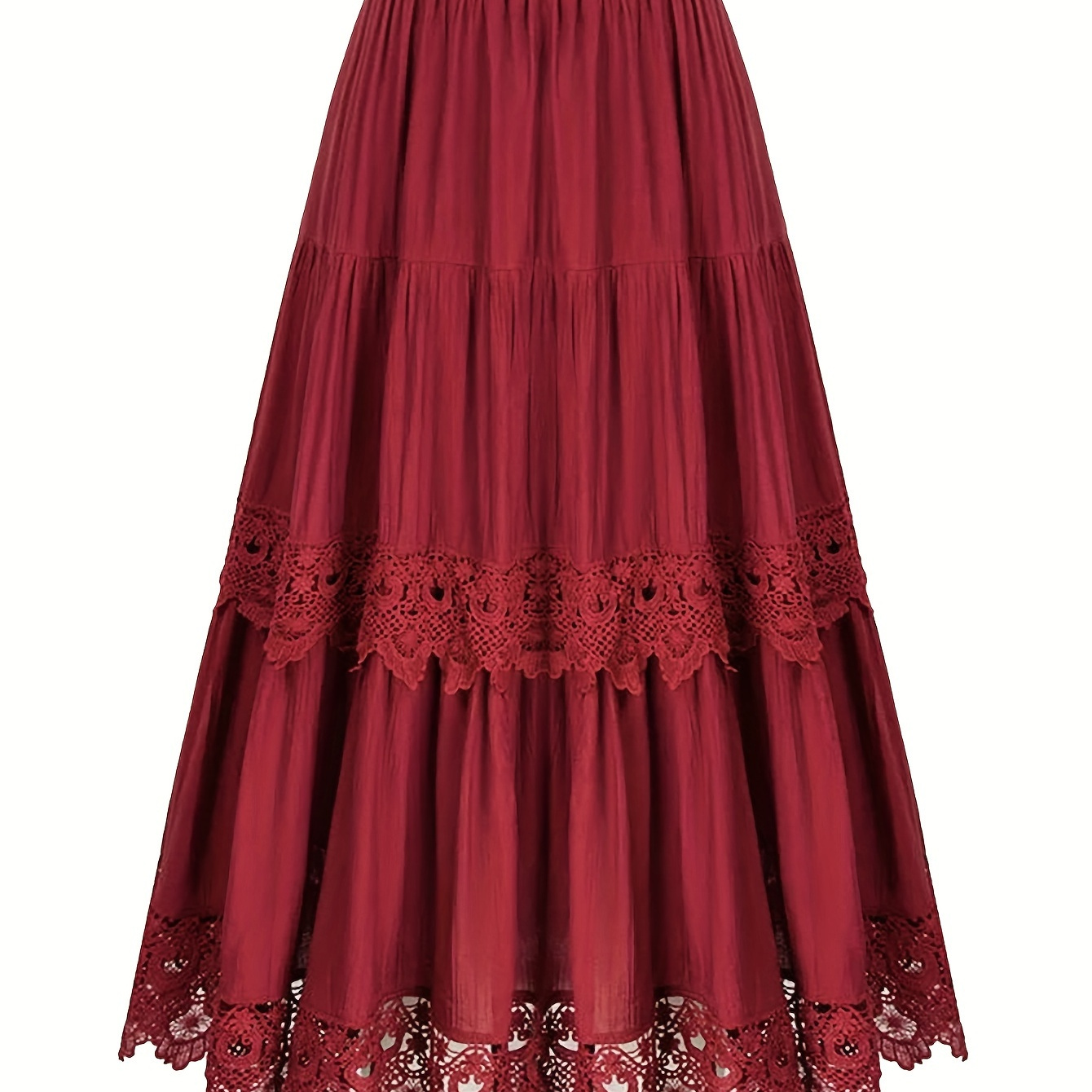 

Size Tiered Skirt With Lace Detail - 100% Polyester A-line Long Skirt With Waist, Non-stretch Woven Fabric, Solid Color, Loose-fitting