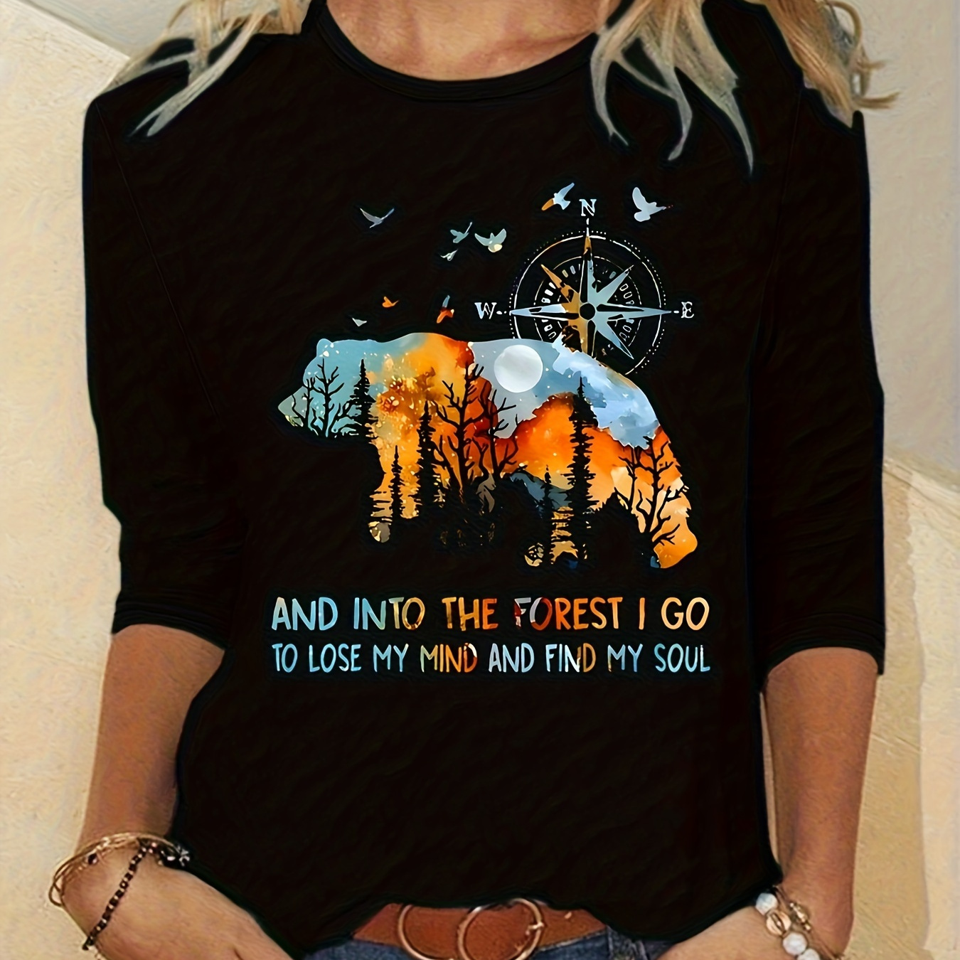 

T-shirt à manches longues pour femme avec impression de forêt et d'animaux inspirante - Haut en jersey de polyester casual pour le printemps, l'été, l'automne