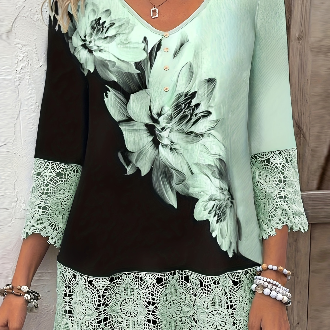 

Plus Size Elegant Lace-trimmed Top For Women - Floral Print V-neck With Button Detail, 3/4 Sleeve, Machine Washable, In Teal & Black, Lace Trim