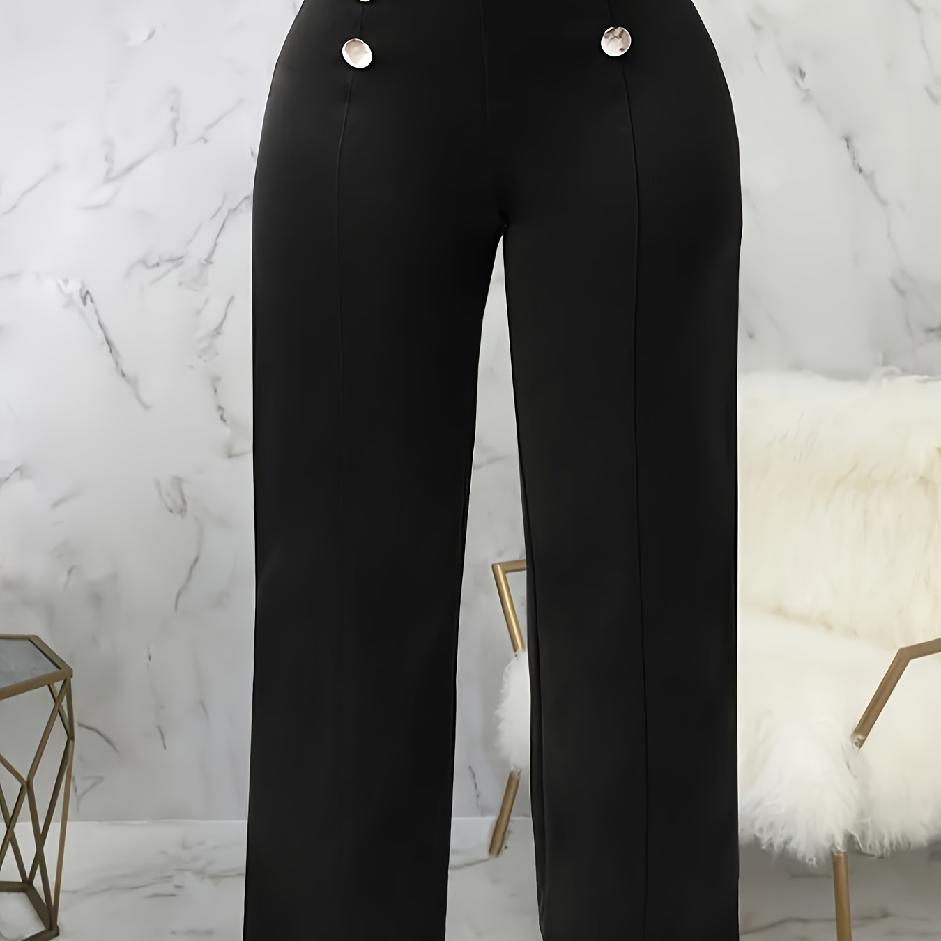 

Plus Size Solid Button Detail Straight Leg Pants, Elegant High Waist Pants For Spring & Summer, Women's Plus Size Clothing