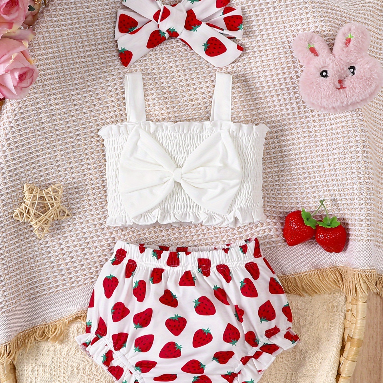 

2pcs Infant Baby's Strawberry Print Summer Set, Bowknot Decor Shirred Cami Top & Headband & Triangle Shorts, Baby Girl's Clothing